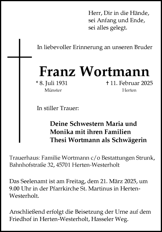 Traueranzeige von Franz Wortmann von Trauer Vest