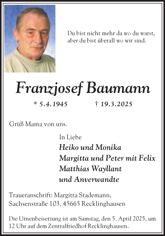 Traueranzeige von Franzjosef Baumann von Trauer Vest