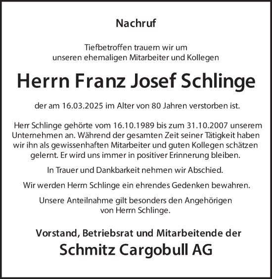 Traueranzeige von Franz Josef Schlinge von Münsterland Zeitung