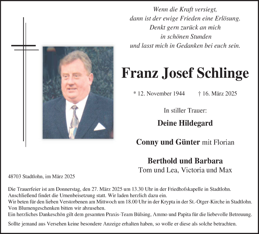  Traueranzeige für Franz Josef Schlinge vom 22.03.2025 aus Münsterland Zeitung