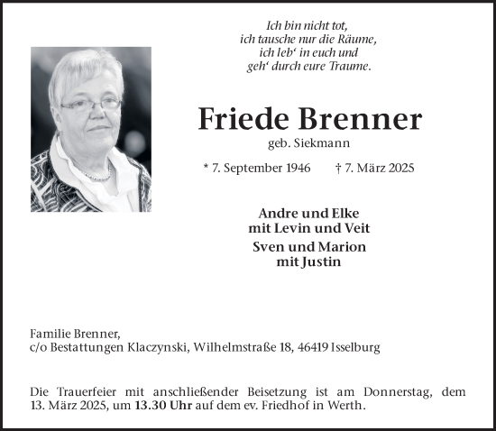 Traueranzeige von Friede Brenner 