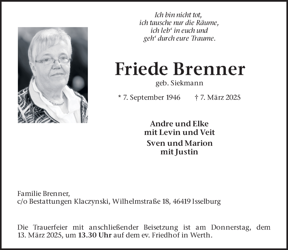  Traueranzeige für Friede Brenner vom 11.03.2025 aus 