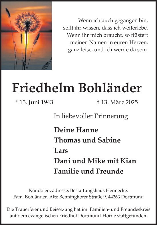 Traueranzeige von Friedhelm Bohländer von Ruhr Nachrichten