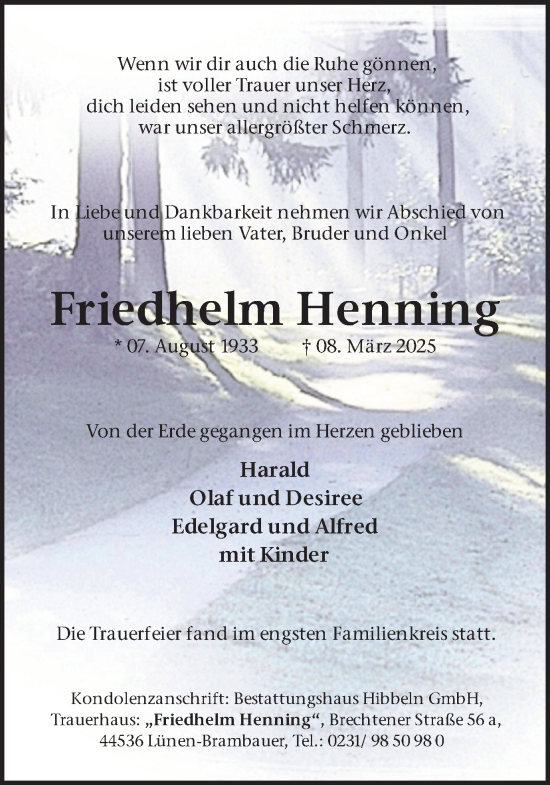 Traueranzeige von Friedhelm Henning von Ruhr Nachrichten
