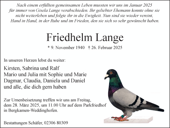Traueranzeige von Friedhelm Lange von Hellweger Anzeiger