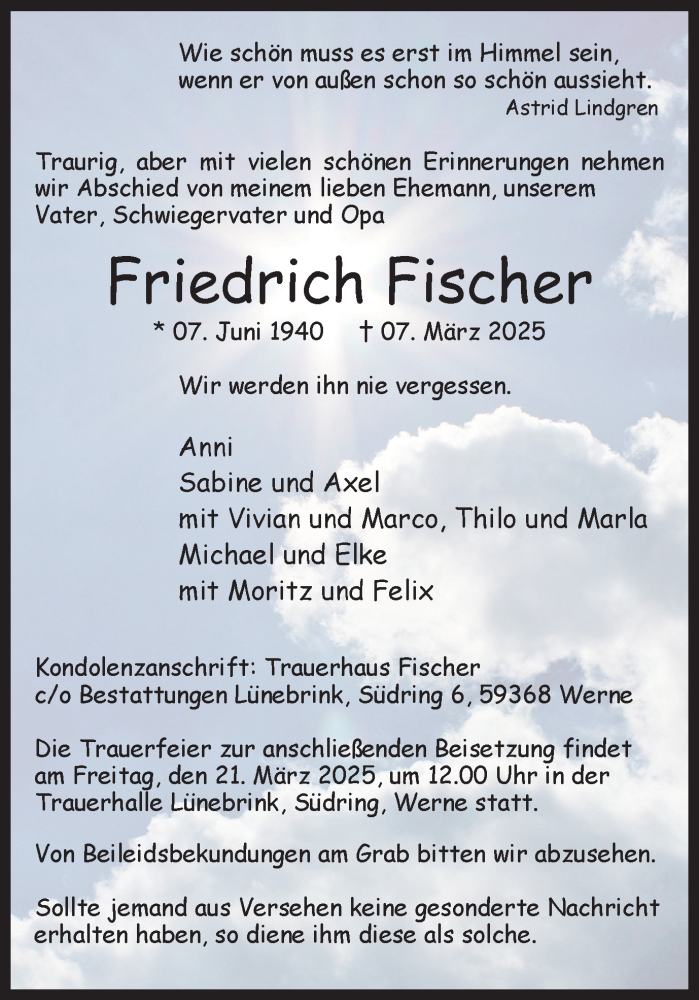  Traueranzeige für Friedrich Fischer vom 15.03.2025 aus Ruhr Nachrichten