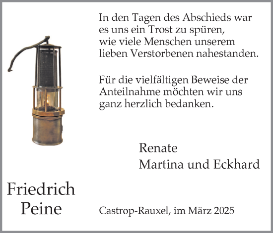Traueranzeige von Friedrich Peine von Stadtanzeiger Castrop-Rauxel