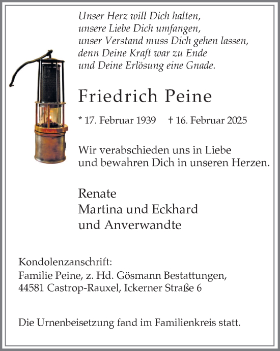 Traueranzeige von Friedrich Peine von Stadtanzeiger Castrop-Rauxel