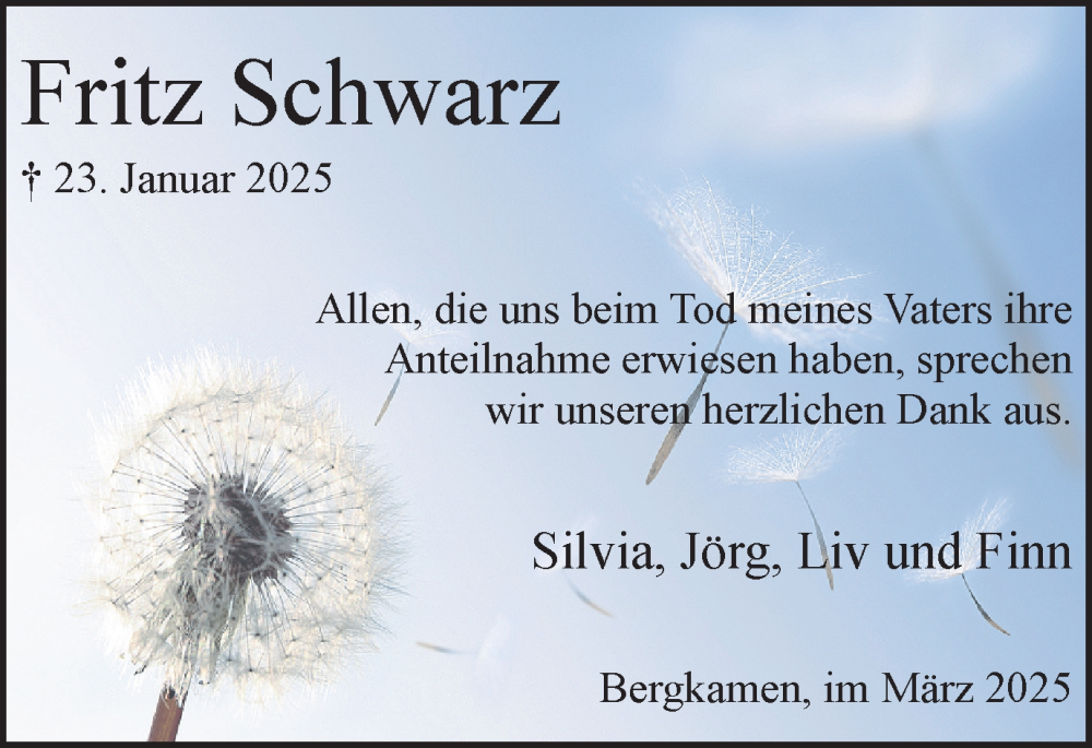  Traueranzeige für Fritz Schwarz vom 22.03.2025 aus Hellweger Anzeiger