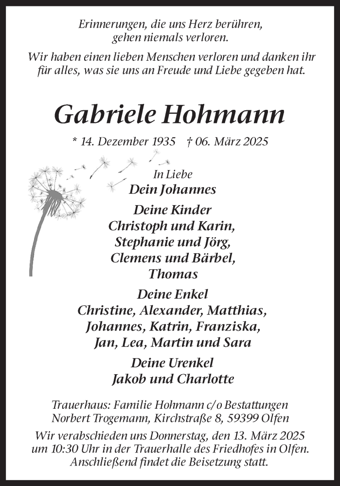  Traueranzeige für Gabriele Hohmann vom 08.03.2025 aus Ruhr Nachrichten
