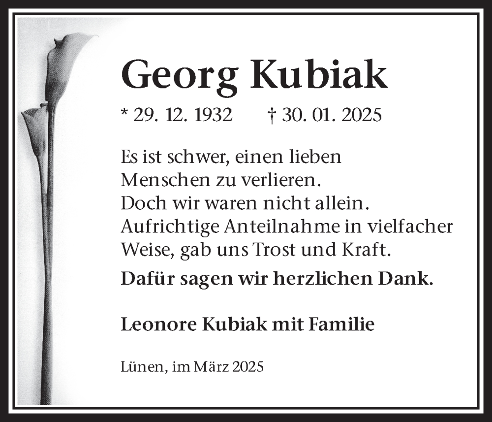  Traueranzeige für Georg Kubiak vom 08.03.2025 aus Lüner Anzeiger