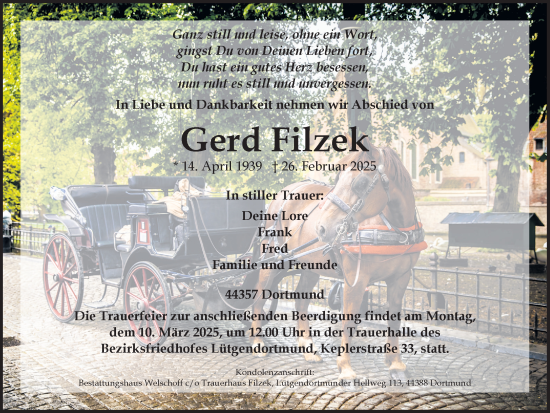 Traueranzeige von Gerd Filzek von Ruhr Nachrichten