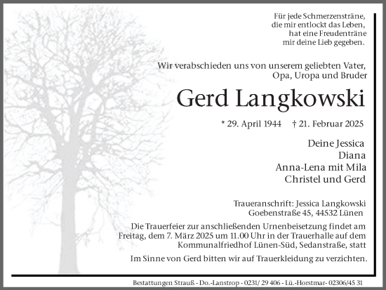 Traueranzeige von Gerd Langkowski von Ruhr Nachrichten