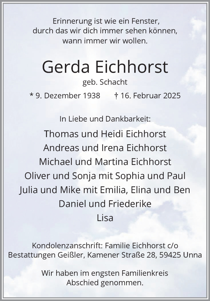  Traueranzeige für Gerda Eichhorst vom 01.03.2025 aus Hellweger Anzeiger