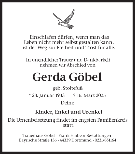 Traueranzeige von Gerda Göbel von Ruhr Nachrichten