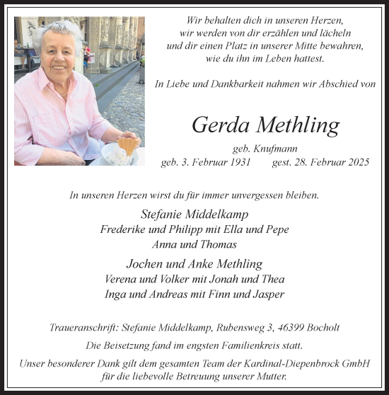 Traueranzeige von Gerda Methling 