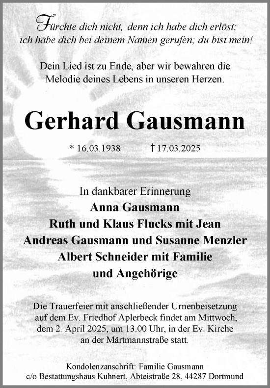 Traueranzeige von Gerhard Gausmann von Ruhr Nachrichten