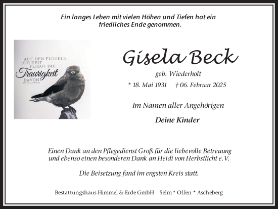 Traueranzeige von Gisela Beck von Ruhr Nachrichten, Ruhr Nachrichten und Dorstener Zeitung