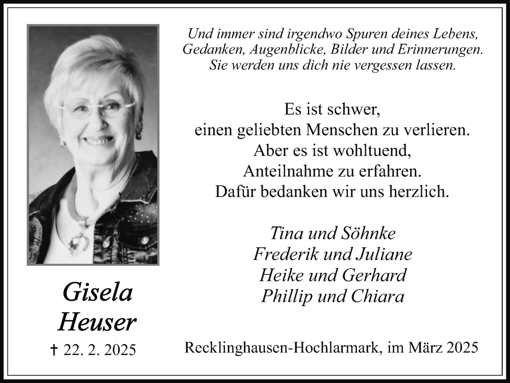  Traueranzeige für Gisela Heuser vom 15.03.2025 aus Trauer Vest