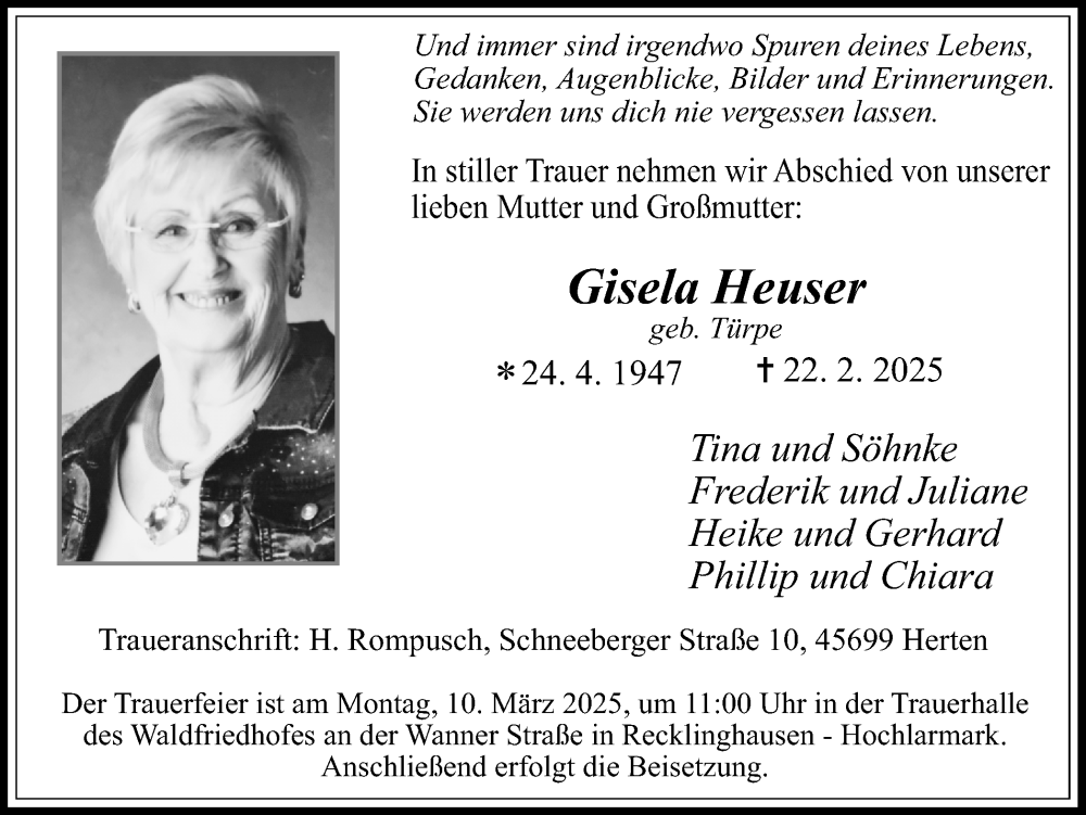  Traueranzeige für Gisela Heuser vom 01.03.2025 aus Trauer Vest