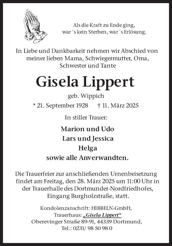  Traueranzeige für Gisela Lippert vom 22.03.2025 aus Ruhr Nachrichten