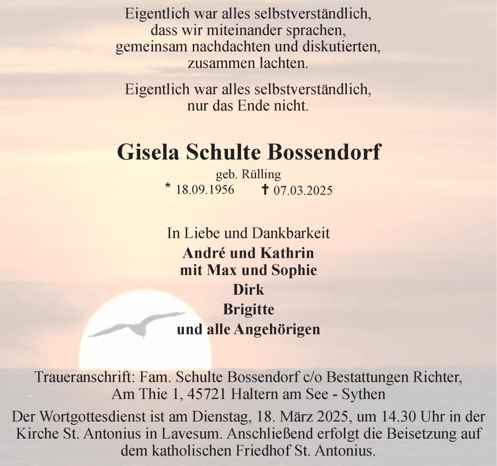  Traueranzeige für Gisela Schulte Bossendorf vom 14.03.2025 aus Ruhr Nachrichten und Halterner Zeitung