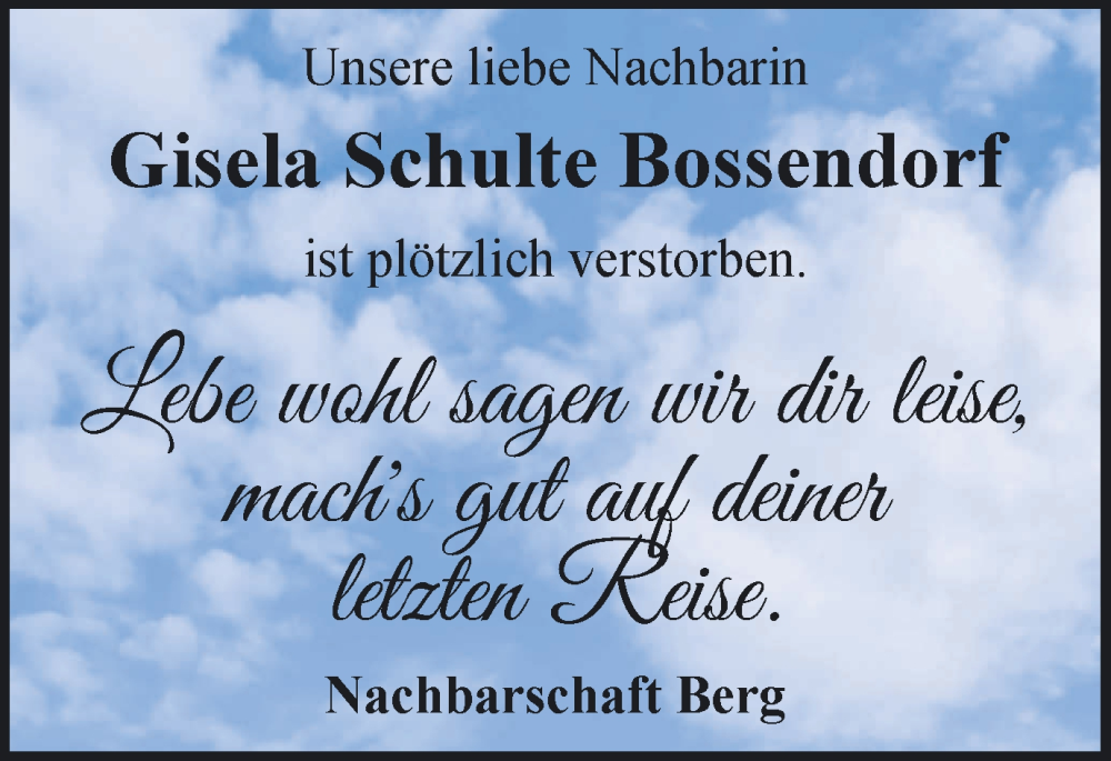  Traueranzeige für Gisela Schulte Bossendorf vom 15.03.2025 aus Ruhr Nachrichten und Halterner Zeitung