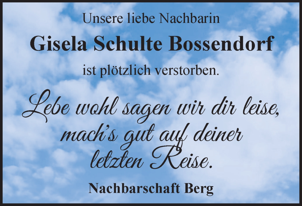  Traueranzeige für Gisela Schulte Bossendorf vom 14.03.2025 aus Ruhr Nachrichten und Halterner Zeitung