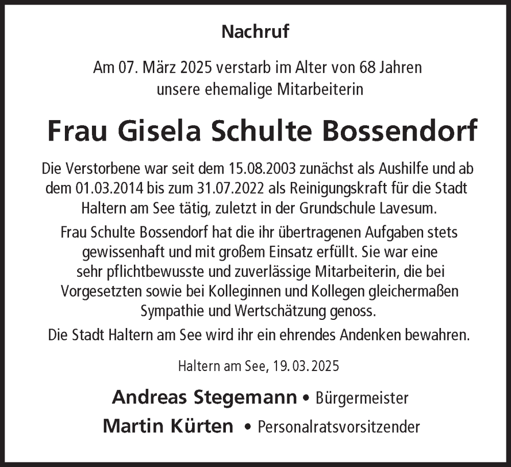  Traueranzeige für Gisela Schulte Bossendorf vom 20.03.2025 aus Ruhr Nachrichten und Halterner Zeitung