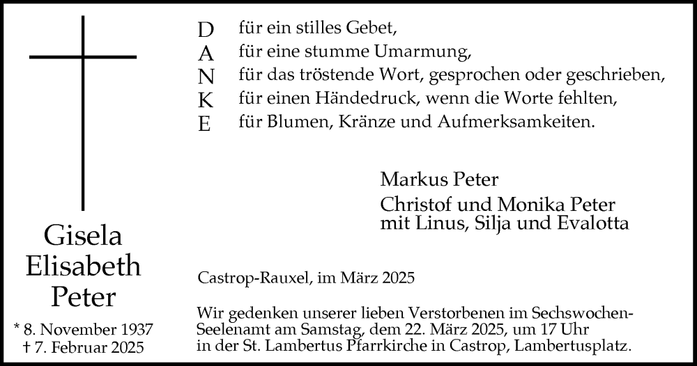  Traueranzeige für Gisela Elisabeth Peter vom 15.03.2025 aus Stadtanzeiger Castrop-Rauxel