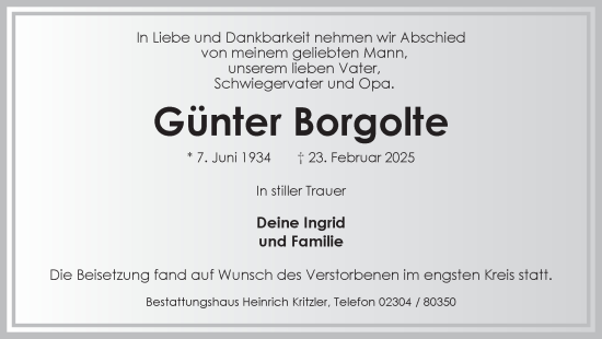 Traueranzeige von Günter Borgolte von Ruhr Nachrichten