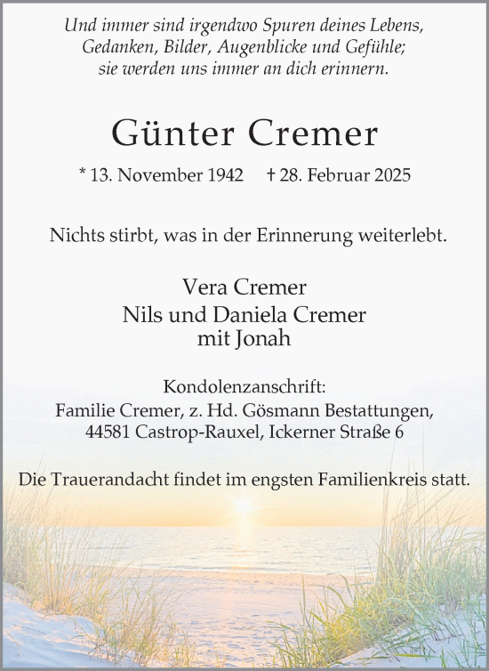 Traueranzeige von Günter Cremer von Stadtanzeiger Castrop-Rauxel