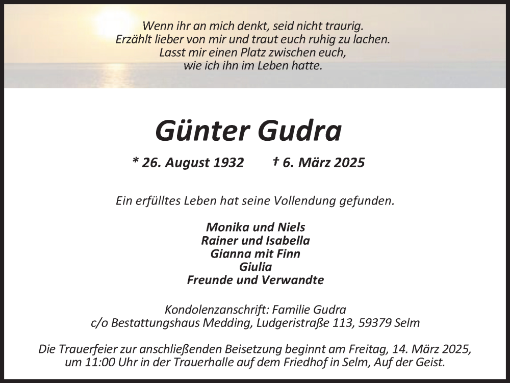  Traueranzeige für Günter Gudra vom 11.03.2025 aus Ruhr Nachrichten