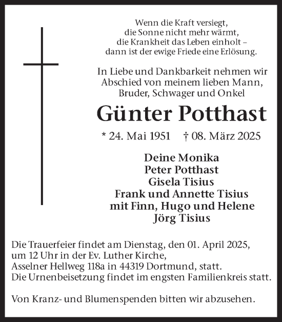 Traueranzeige von Günter Potthast von Ruhr Nachrichten