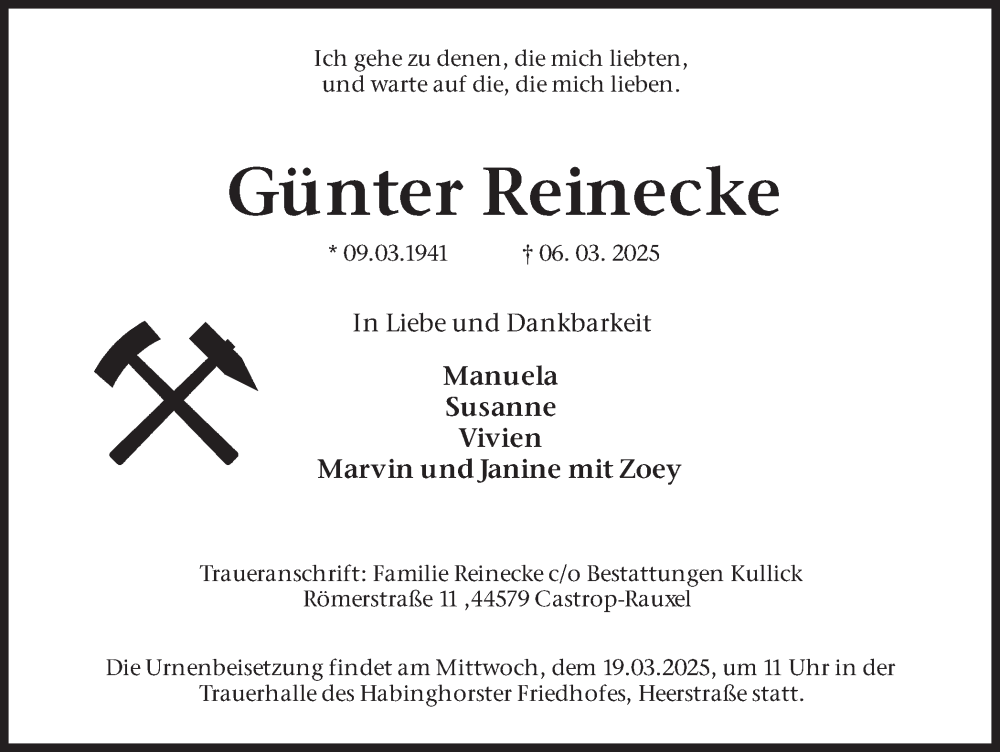  Traueranzeige für Günter Reinecke vom 15.03.2025 aus Stadtanzeiger Castrop-Rauxel