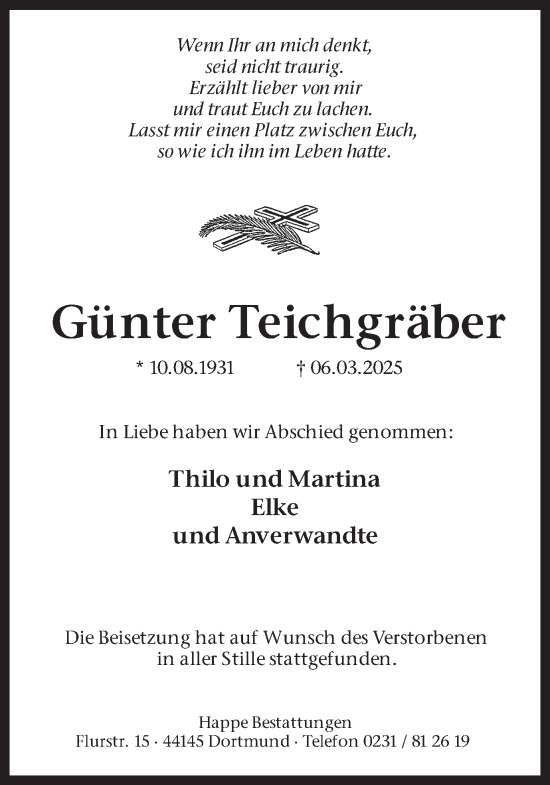 Traueranzeige von Günter Teichgräber von Ruhr Nachrichten