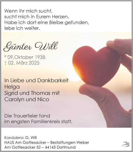 Traueranzeige von Günter Will von Ruhr Nachrichten