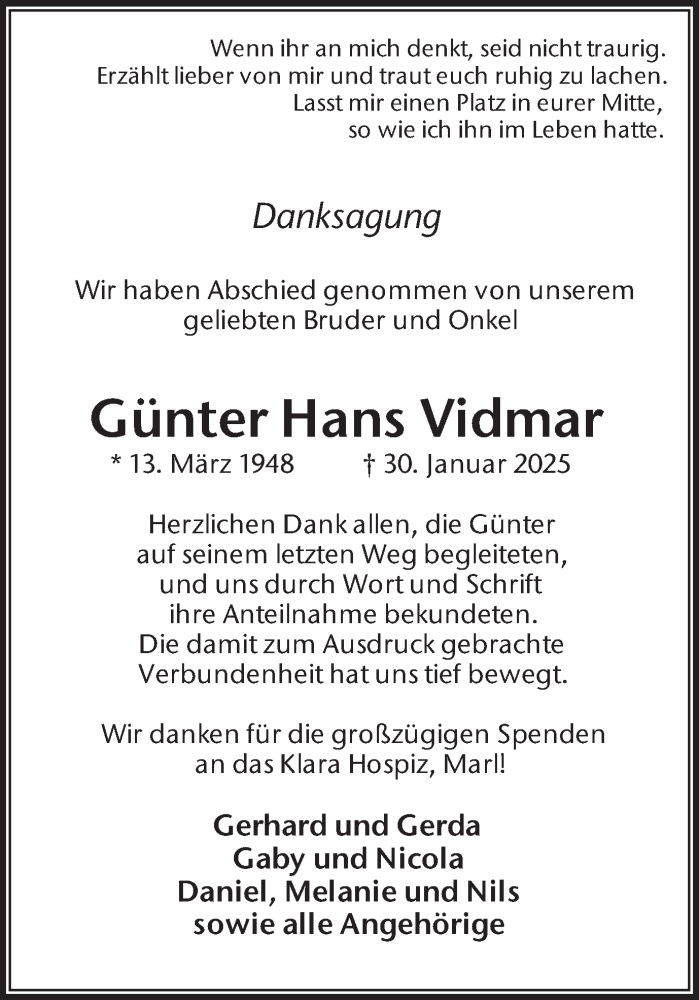  Traueranzeige für Günter Hans Vidmar vom 08.03.2025 aus Trauer Vest