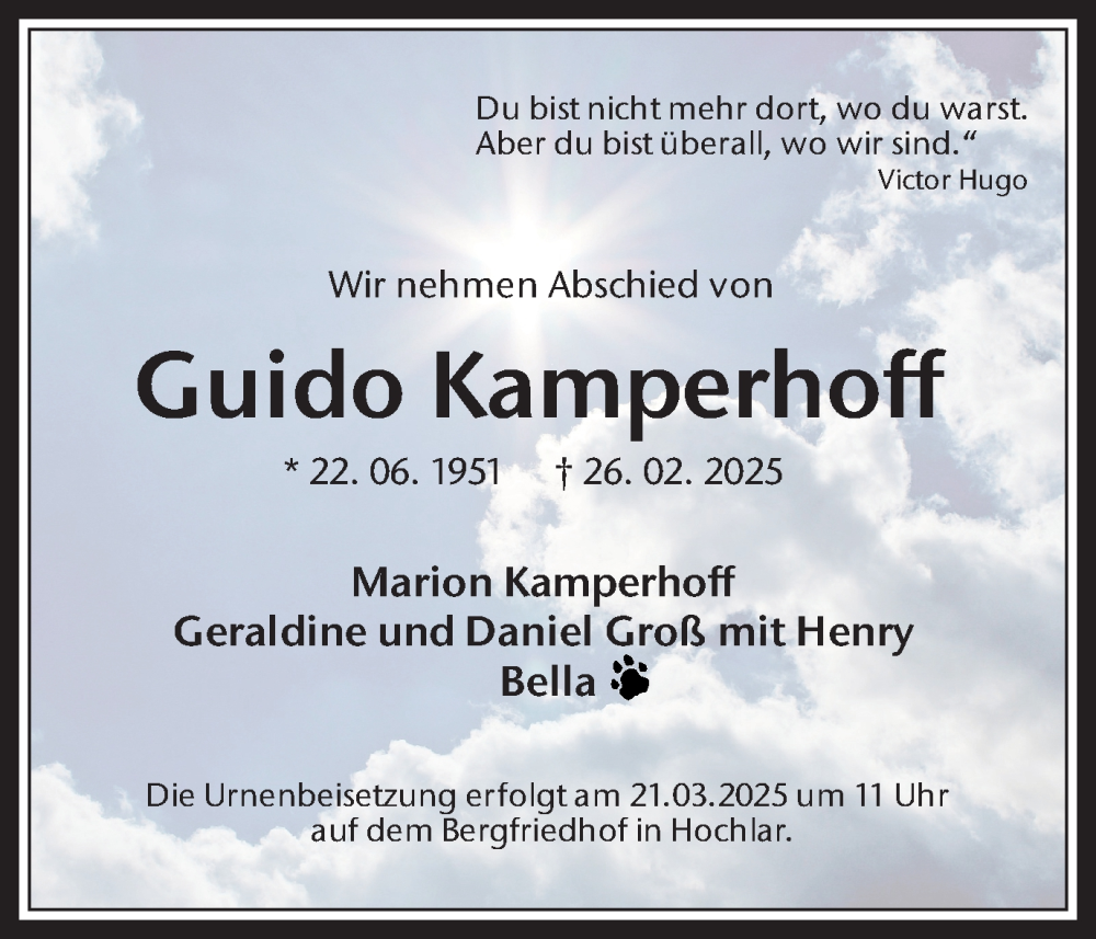  Traueranzeige für Guido Kamperhoff vom 15.03.2025 aus Trauer Vest