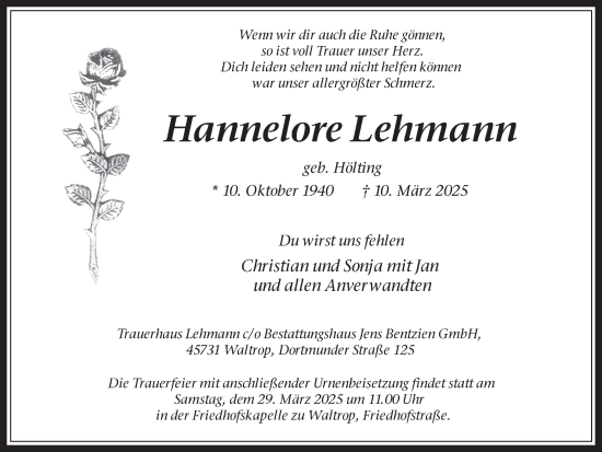 Traueranzeige von Hannelore Lehmann von Trauer Vest