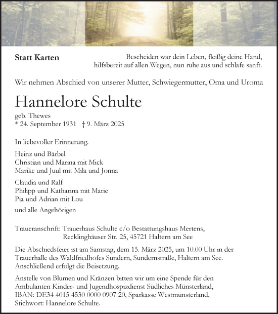 Traueranzeige von Hannelore Schulte von Ruhr Nachrichten und Halterner Zeitung