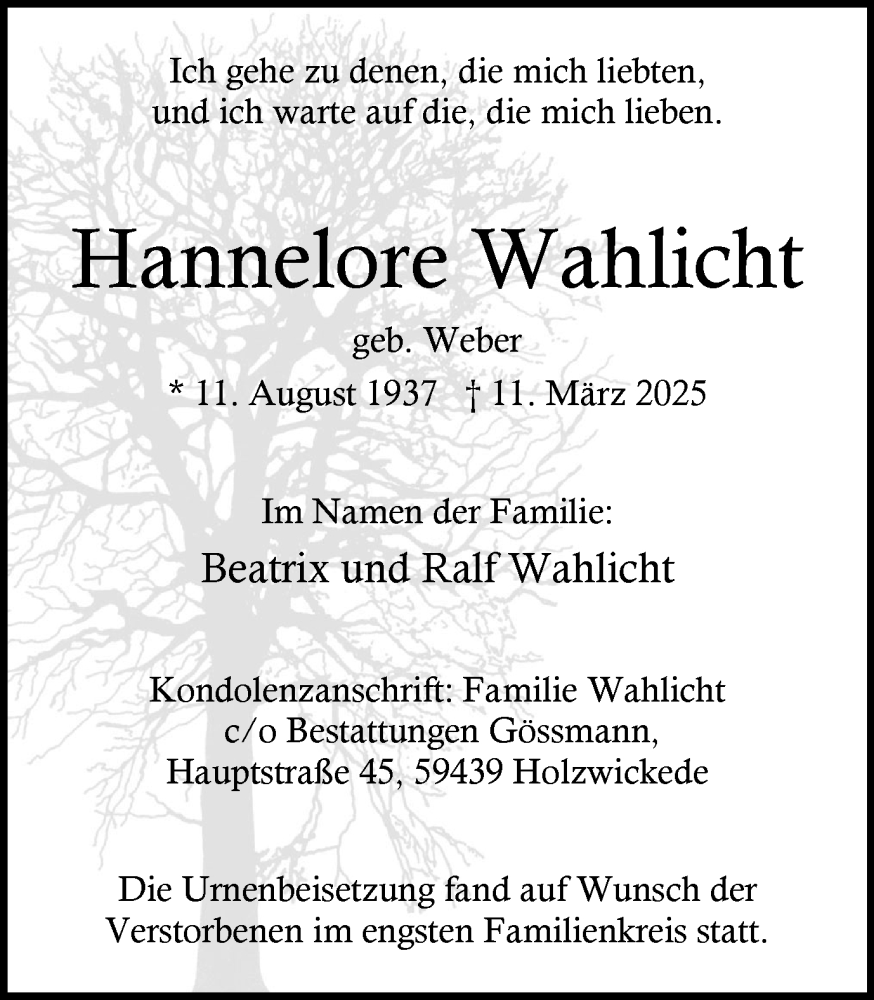  Traueranzeige für Hannelore Wahlicht vom 29.03.2025 aus Ruhr Nachrichten