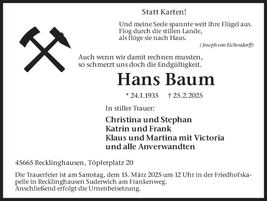 Traueranzeige von Hans Baum von Trauer Vest