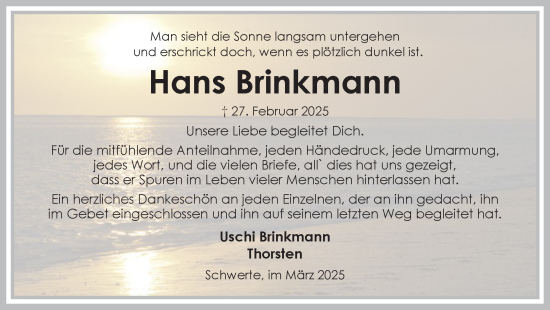 Traueranzeige von Hans Brinkmann von Ruhr Nachrichten