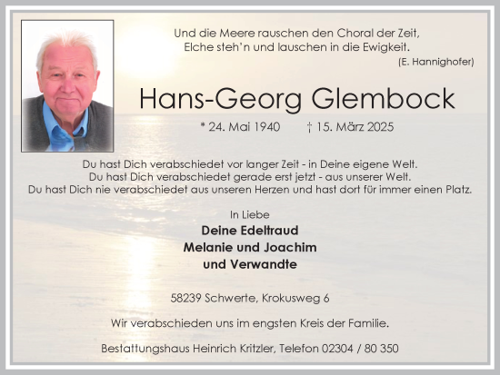 Traueranzeige von Hans-Georg Glembock von Ruhr Nachrichten