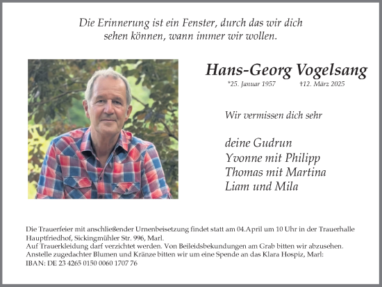 Traueranzeige von Hans-Georg Vogelsang von Trauer Vest