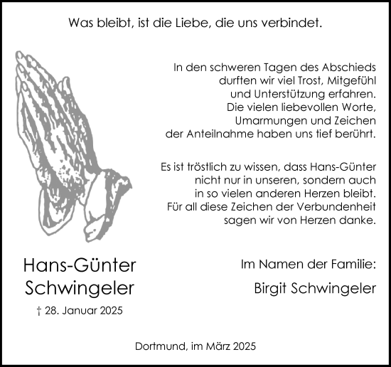 Traueranzeige von Hans-Günter Schwingeler von Ruhr Nachrichten