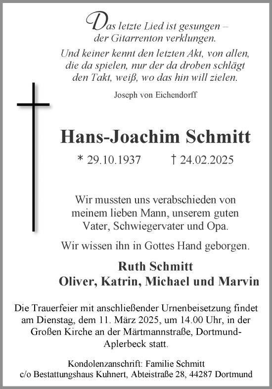 Traueranzeige von Hans-Joachim Schmitt von Ruhr Nachrichten
