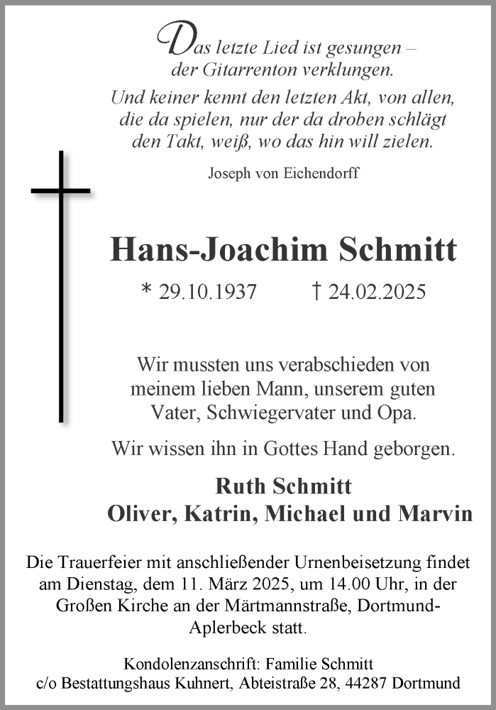  Traueranzeige für Hans-Joachim Schmitt vom 01.03.2025 aus Ruhr Nachrichten