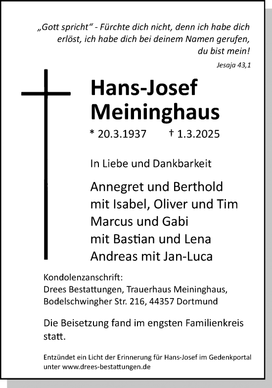 Traueranzeige von Hans-Josef Meininghaus von Ruhr Nachrichten